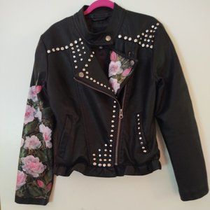 Girls Faux Leather MotorcycleJacket Studded & Handpainted w flowers & dragonfly